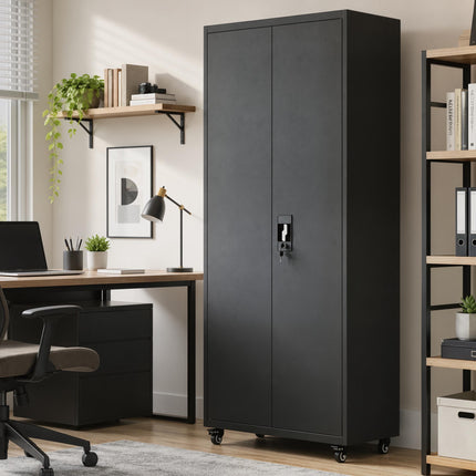 Lockable Steel Storage Cabinet with Wheels, Adjustable Shelves