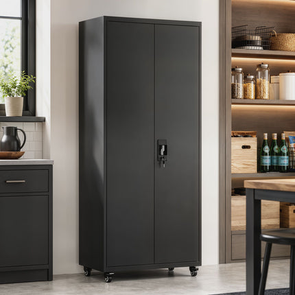 Lockable Steel Storage Cabinet with Wheels, Adjustable Shelves