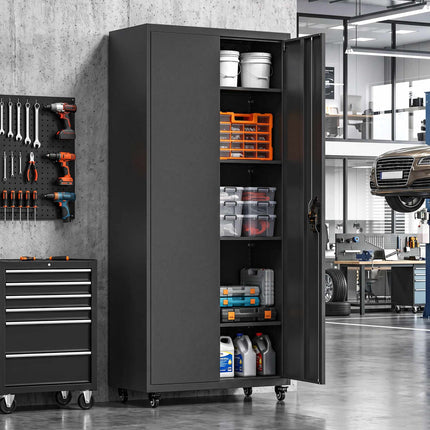 Lockable Steel Storage Cabinet with Wheels, Adjustable Shelves