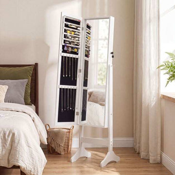 Lockable White Jewelry Cabinet with Full-Length Mirror