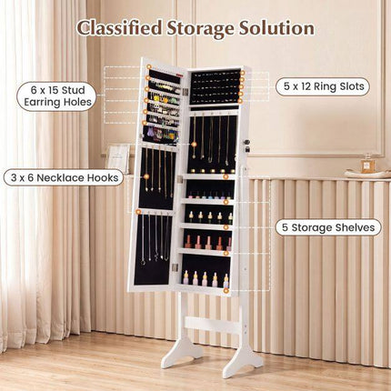 Lockable White Jewelry Cabinet with Full-Length Mirror
