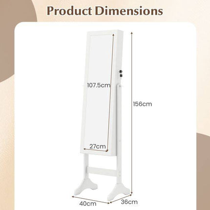 Lockable White Jewelry Cabinet with Full-Length Mirror