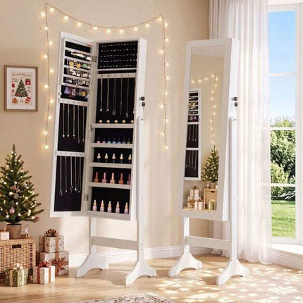 Lockable White Jewelry Cabinet with Full-Length Mirror