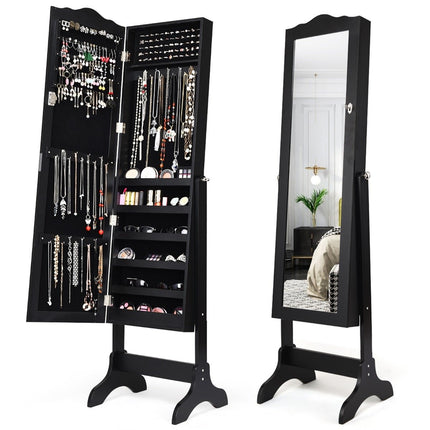 Lockable jewelry cabinet with adjustable angle & full-length mirror jewelry rack black