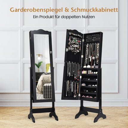 Lockable jewelry cabinet with adjustable angle & full-length mirror jewelry rack black