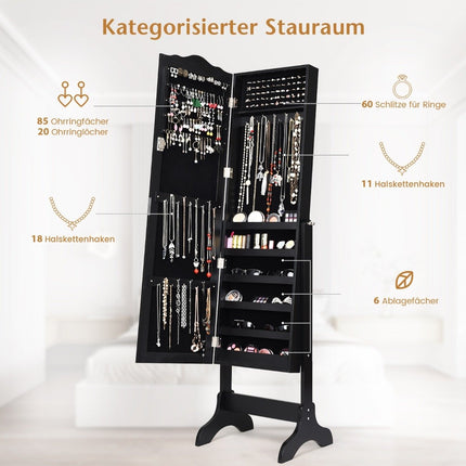 Lockable jewelry cabinet with adjustable angle & full-length mirror jewelry rack black