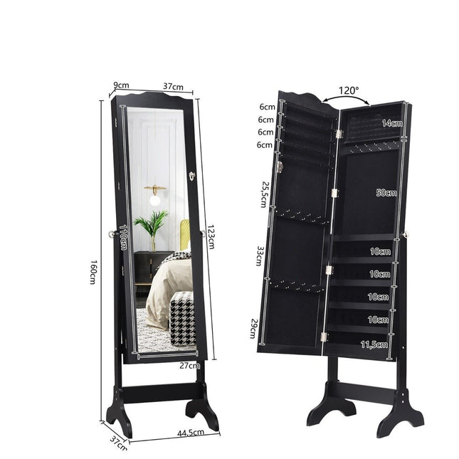 Lockable jewelry cabinet with adjustable angle & full-length mirror jewelry rack black