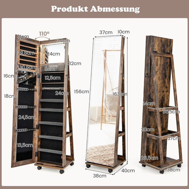 Lockable jewelry cabinet with integrated make-up mirror, adjustable shelves and coffee storage space