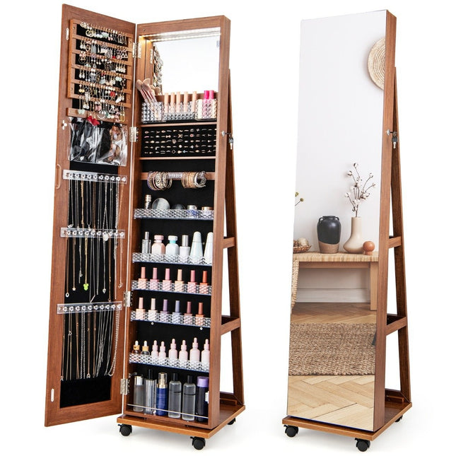 Lockable jewelry cabinet with integrated makeup mirror, adjustable shelves & storage space brown