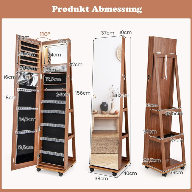 Lockable jewelry cabinet with integrated makeup mirror, adjustable shelves & storage space brown