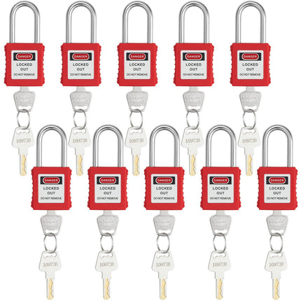 Lockout Tagout Padlock Set, 10 Red, 2 Keys Each, OSHA