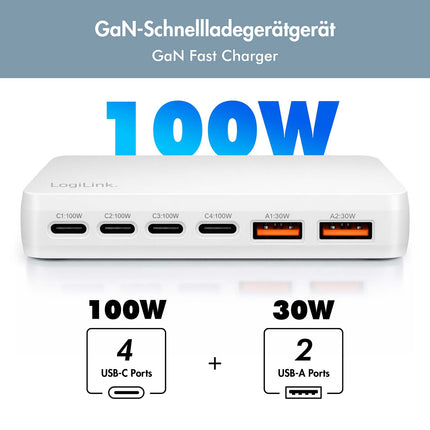 LogiLink 100W GaN Charger with 4x USB-C and 2x USB-A Ports, White, PD 3.0