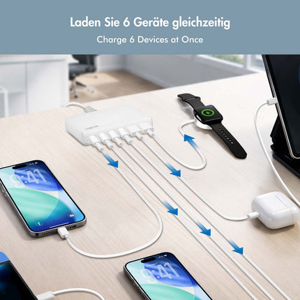 LogiLink 100W GaN Charger with 4x USB-C and 2x USB-A Ports, White, PD 3.0