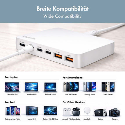 LogiLink 100W GaN Charger with 4x USB-C and 2x USB-A Ports, White, PD 3.0