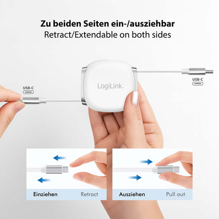 LogiLink Retractable USB-C Cable 1 m, 60W Fast Charging, White, Magnetic Ends