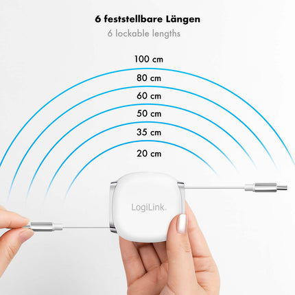 LogiLink Retractable USB-C Cable 1 m, 60W Fast Charging, White, Magnetic Ends