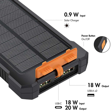 LogiLink Solar Power Bank 10,000 mAh with 20W PD, IP64, LED Flashlight, Black