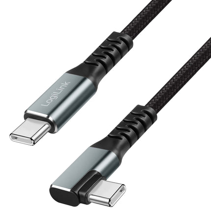 LogiLink USB-C to USB-C Cable 1 m, 90° Angled, 100W PD, Grey/Black, 4K 60Hz