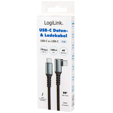 LogiLink USB-C to USB-C Cable 1 m, 90° Angled, 100W PD, Grey/Black, 4K 60Hz