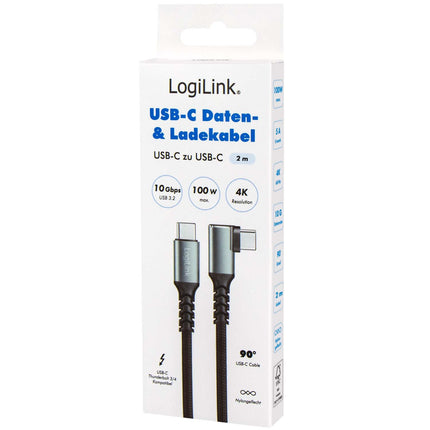 LogiLink USB-C to USB-C Cable 2 m, 90° Angled, 100W PD, Grey/Black, 4K 60Hz