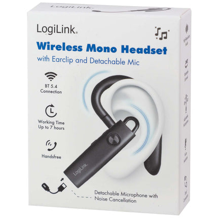 LogiLink Wireless Mono Bluetooth Headset with Detachable Mic, Black
