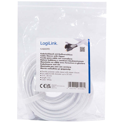 LogiLink Zip Cable Sleeve 30 mm x 5 m with 360° Protection, White, Braided