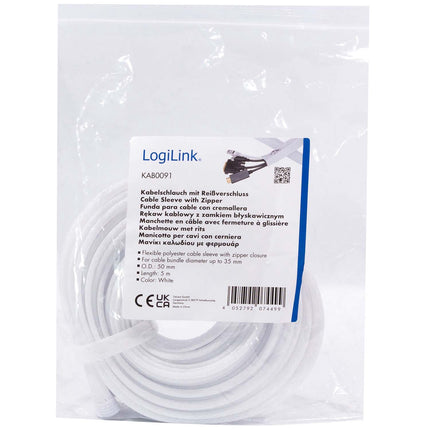 LogiLink Zip Cable Sleeve 50 mm x 5 m for Large Bundles, White, Braided
