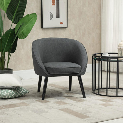 Modern gray linen-look upholstered lounge chair, wooden frame
