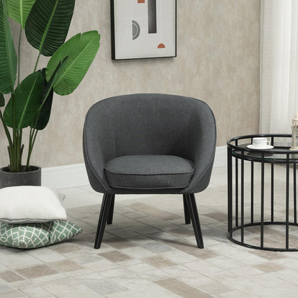 Modern gray linen-look upholstered lounge chair, wooden frame