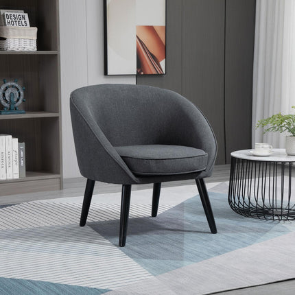Modern gray linen-look upholstered lounge chair, wooden frame