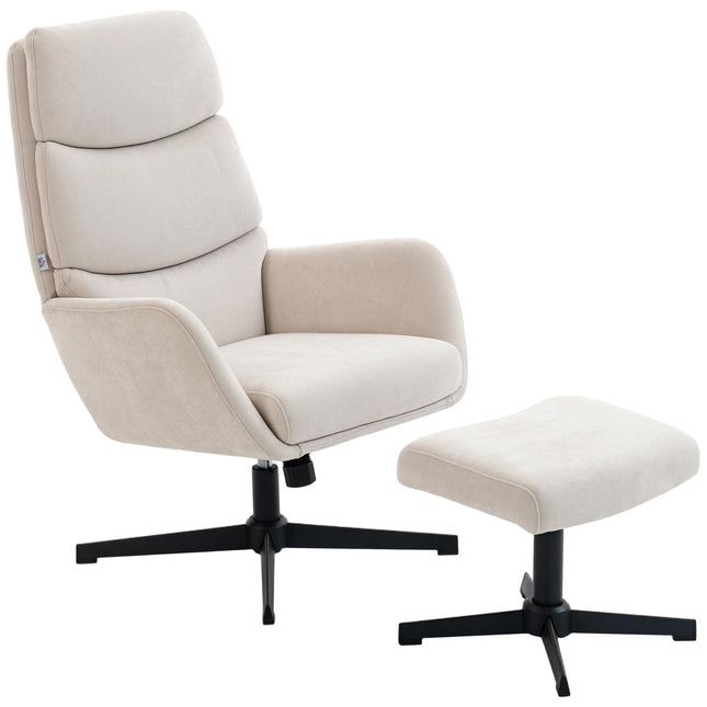 Loungefauteuil met voetenbank, hoge rugleuning, metalen onderstel, beige