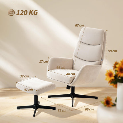 Lounge Chair with Ottoman, High Back, Metal Base, Beige