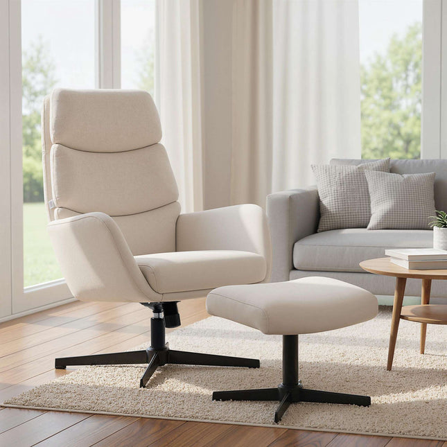 Loungefauteuil met voetenbank, hoge rugleuning, metalen onderstel, beige