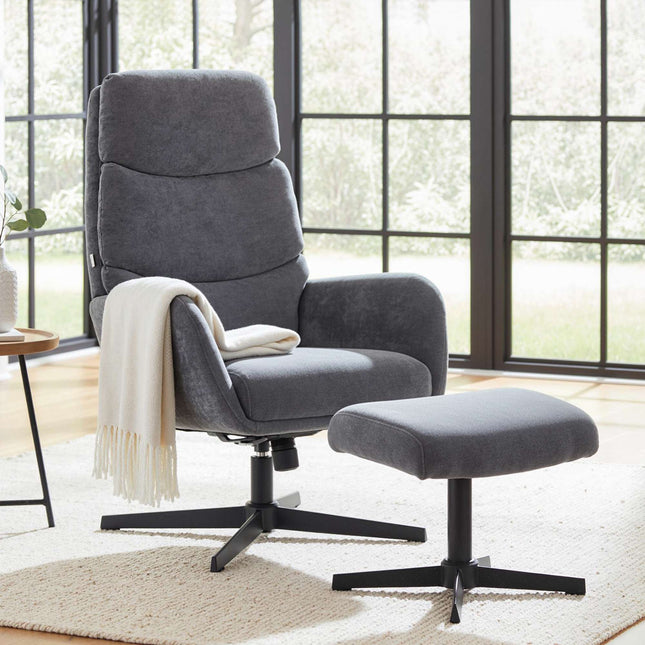Loungefauteuil met voetenbank, hoge rugleuning, metalen onderstel, grijs