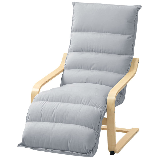 Loungestoel van berkenhout, gestoffeerde stoel met verstelbare voetensteun, moderne fauteuil, lichtgrijs