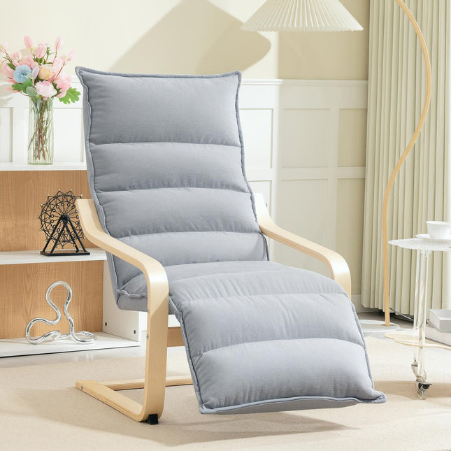 Loungestoel van berkenhout, gestoffeerde stoel met verstelbare voetensteun, moderne fauteuil, lichtgrijs