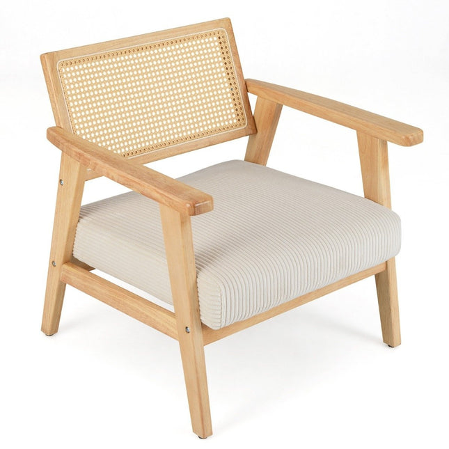 Lounge stoel met rotan rugleuning Eetkamerstoel met gestoffeerde zitting Gestoffeerde leesstoel