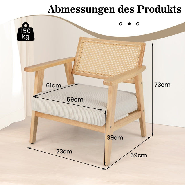 Lounge stoel met rotan rugleuning Eetkamerstoel met gestoffeerde zitting Gestoffeerde leesstoel
