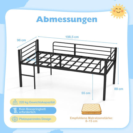 Low Loft Metal Bed Frame with Safety Rails & 2 Ladders