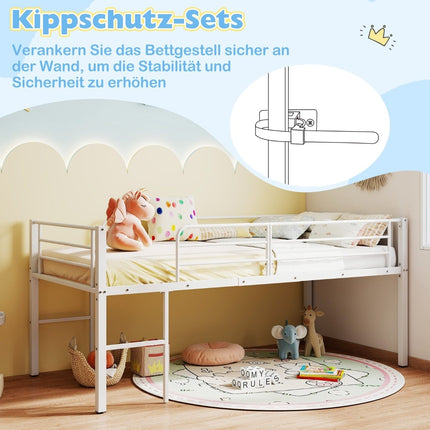 Low Loft Metal Bed Frame with Safety Rails & 2 Ladders