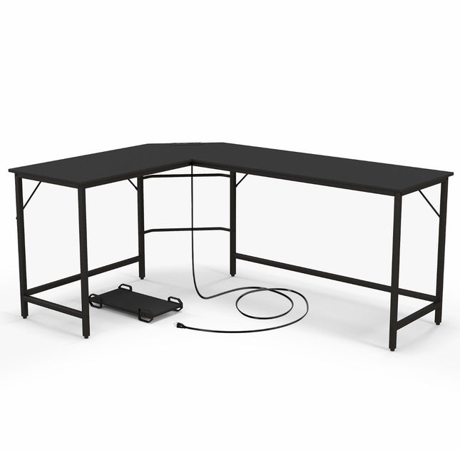 L-shaped computer desk with power outlet &amp; CPU Stand &amp; Robust metal frame corner desk black
