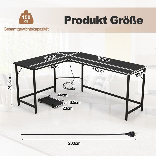 L-shaped computer desk with power outlet &amp; CPU Stand &amp; Robust metal frame corner desk black
