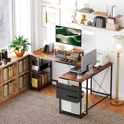 L-shaped corner desk with storage, reversible, rustic brown