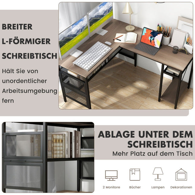 L-shaped desk with charging station reversible corner desk with mesh shelves & CPU stand