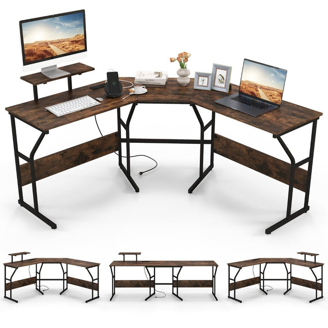 L-shaped desk with power outlet &amp; Movable monitor stand corner computer table brown