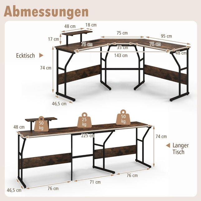 L-shaped desk with power outlet &amp; Movable monitor stand corner computer table brown