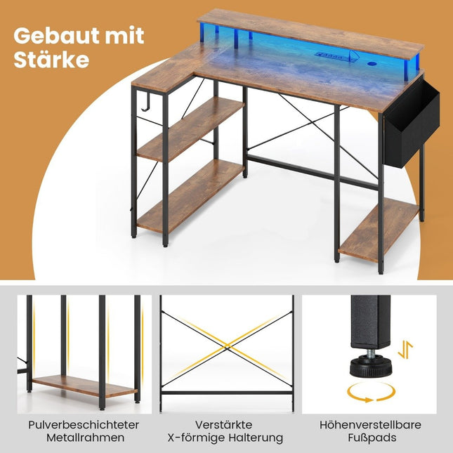 L-shaped desk with power outlets &amp; LED Lighting Gaming Computer Desk Rustic Brown