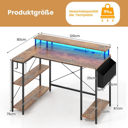 L-shaped desk with power outlets &amp; LED Lighting Gaming Computer Desk Rustic Brown