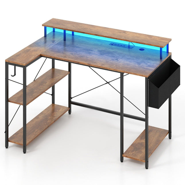 L-shaped desk with power outlets &amp; LED Lighting Gaming Computer Desk Rustic Brown