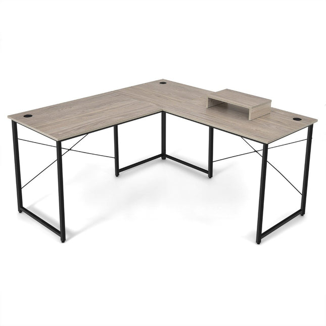 L-shape desk with monitor stand & 3 cable holes reversible corner desk light gray